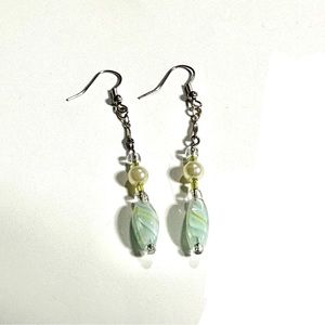 Beautiful Dangle Earrings Blue Green Swirled Glass Beads Faux Pearl Accent